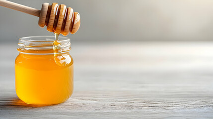 Honey dripping into jar on wooden table