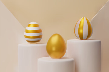 3d render easter three gold podium, egg banner. Three-dimensional vector illustration. Greeting poster for celebration, springtime holiday, kids hunt or design for sale advertising. Modern template