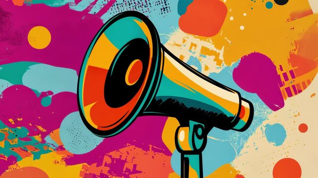 Vibrant megaphone animation on colorful abstract background