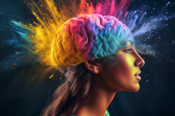 profile view of an person with a vibrant, multi-colored powder explosion emanating from the head area, creating a visual effect resembling a brain, suggesting creativity or cognitive activity.