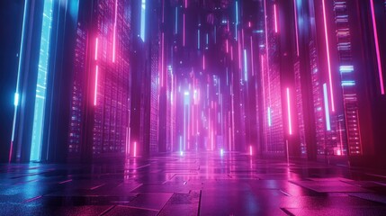 Neon-lit server room, data streams falling, futuristic technology