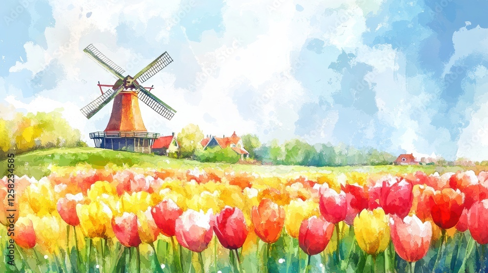 Aufkleber colorful watercolor illustration of tulip fields with vibrant spring colors and a windmill in the ba