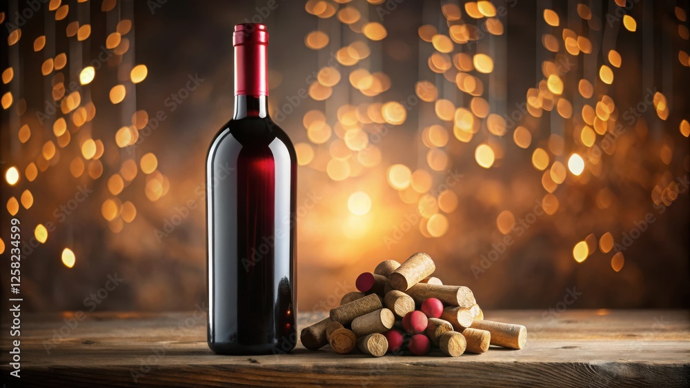 Poster A bottle of red wine on a rustic wooden table with a pile of corks in the foreground and a blurred background of warm lights.