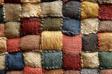 Textured woven fabric showcasing colorful squares in earthy tones, highlighting craftsmanship and textile artistry