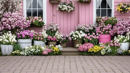 Springtime Splendor Colorful Flower Arrangements Adorning a Pink Facade Window Sill and Doorway