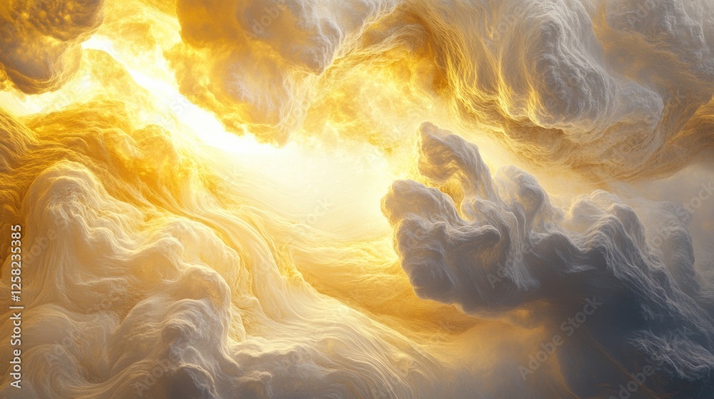 Poster Swirling yellow and gray clouds create a dense and ethereal atmosphere on Venus, illuminated by glowing sunlight. Generative AI