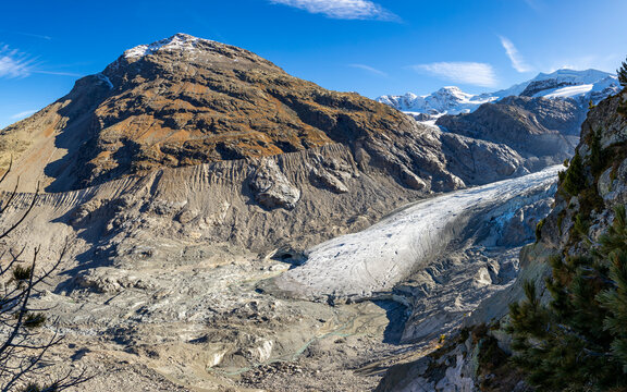 View of the Morteratsch glacier valley in Graubuenden, Switzerland on a beautiful autumn day