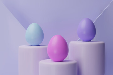 3d render easter three pastel podium, egg banner. Three-dimensional vector illustration. Greeting poster for celebration, springtime holiday, kids hunt or design for sale advertising. Modern template