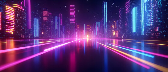 Neon city highway, night drive, future