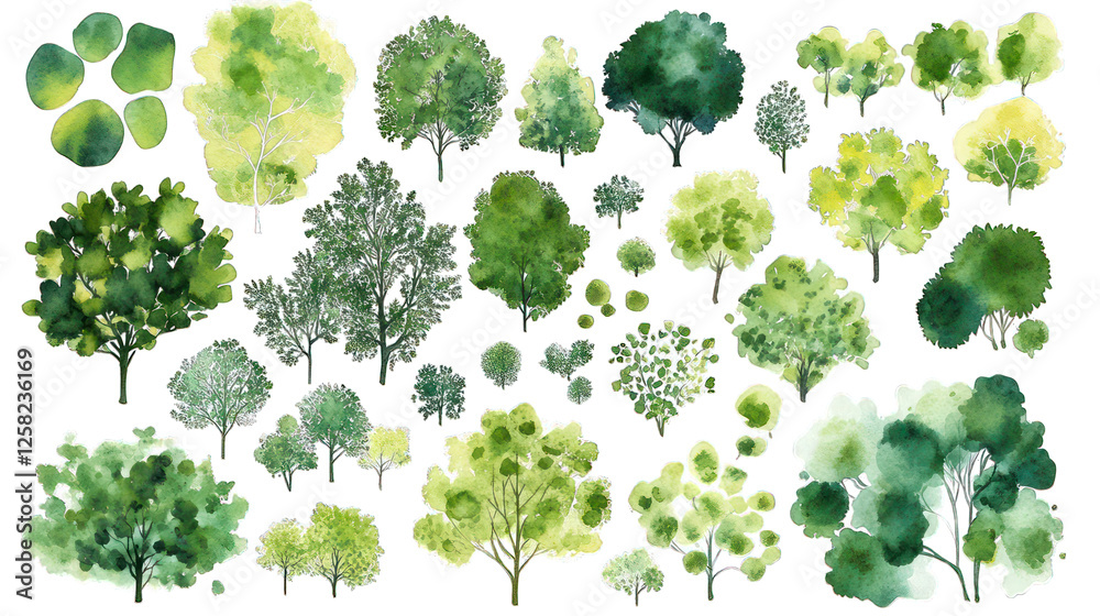 Wall mural set of green trees watercolor isolated on white background