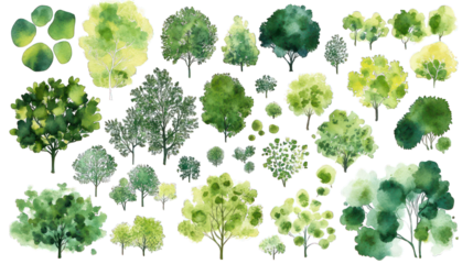 set of green trees watercolor isolated on white background