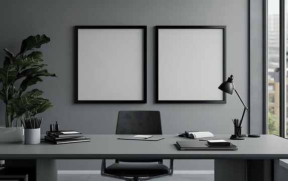 Modern office, two blank frames, city view, workspace mockup