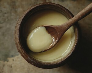 ghee, showing the smooth, creamy texture in a ceramic bowl with a wooden spoon, shot from a top angle