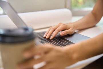 Freelancer with a laptop works on a laptop