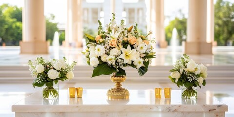 Elegant floral centerpiece with white and peach flowers, surrounded by smaller bouquets, set in a tranquil