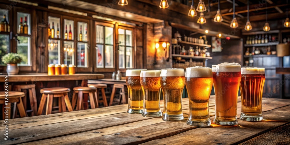 Poster a row of frosted beer glasses sits on a rustic wooden table, bathed in warm light and surrounded by 