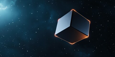 information source analysis concept. 3D glowing cube in a starry space background.