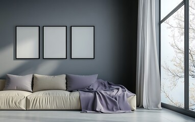 Modern living room interior design; grey walls, beige sofa, purple throw, large window, tree branches