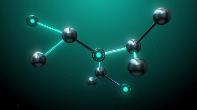 Atoms and Connections in Extreme Macro Zoom 3d Animation. Abstract Molecule Structure Growing in Digital Microscope Illustration. Molecular Grid Close-up Blue Green Background Laboratory Concept 4k.
