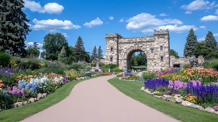 Stone Archway Framing Vibrant Flower Garden on Sunny Day Serene Landscape and Architecture