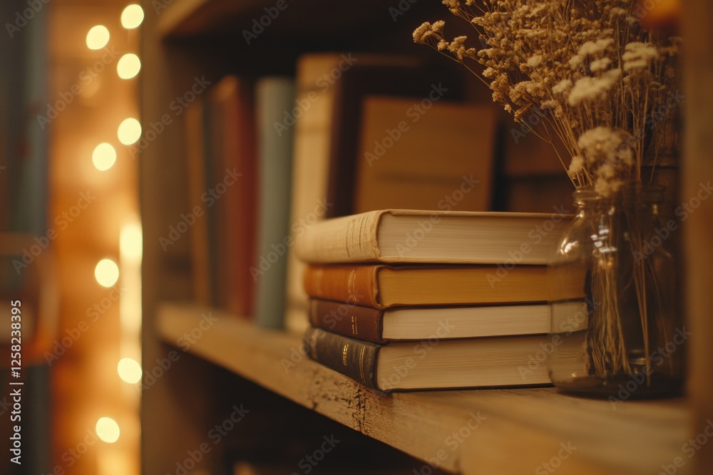 Aufkleber Discover a stack of books on a rustic wooden shelf with cozy lights in the background waiting for a story to be told. Generative AI
