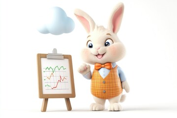 A cute cartoon rabbit in a vest presents a business graph on a mini whiteboard.