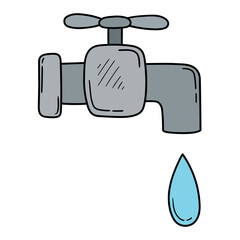 Hand drawn cartoon water tap on white background.