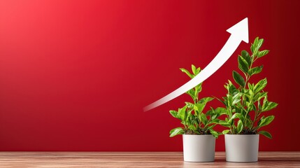 Fototapeta premium Green Plants in White Pots with Growth Arrow on Red Background