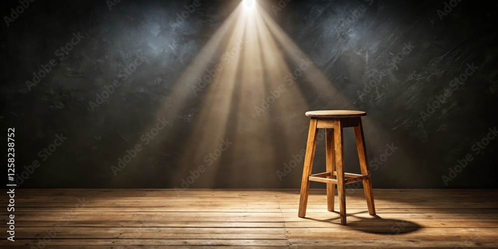 Poster a single wooden stool stands alone in a dark room illuminated by a spotlight shining down from the c