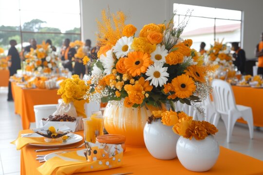 A decorated banquet hall filled with alumni celebrating a school reunion