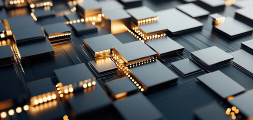 Abstract circuit lines with glowing elements create futuristic digital landscape, showcasing intricate patterns and technology. interplay of light and shadow adds depth and intrigue