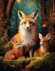 Obraz premium Cute Woodland Creatures – Foxes, deer, and rabbits in cozy settings