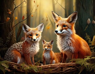 Obraz premium Cute Woodland Creatures – Foxes, deer, and rabbits in cozy settings