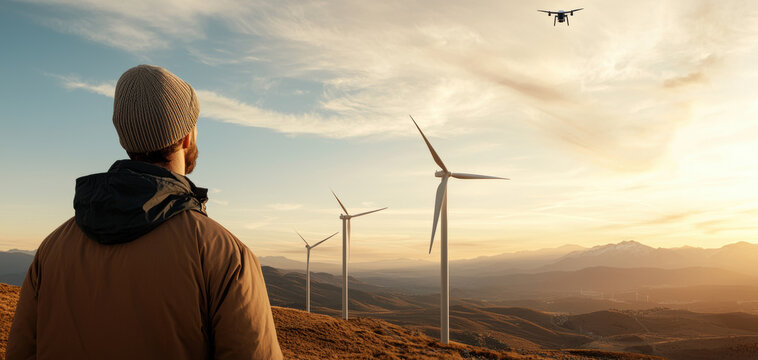 person observing wind turbines and drone flying in scenic landscape at sunset. serene atmosphere highlights renewable energy and technology