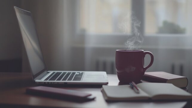 A cozy workspace featuring a steaming mug, an open notebook, and a laptop. Perfect for capturing the essence of productivity and comfort at home.