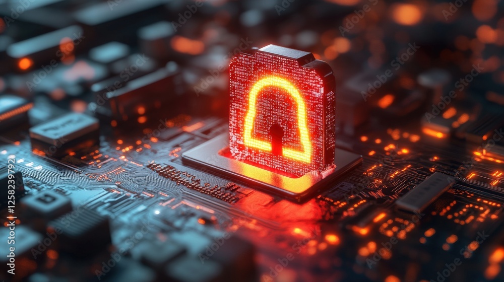 Poster computer chip with a lock symbol representing cybersecurity and digital security alerts