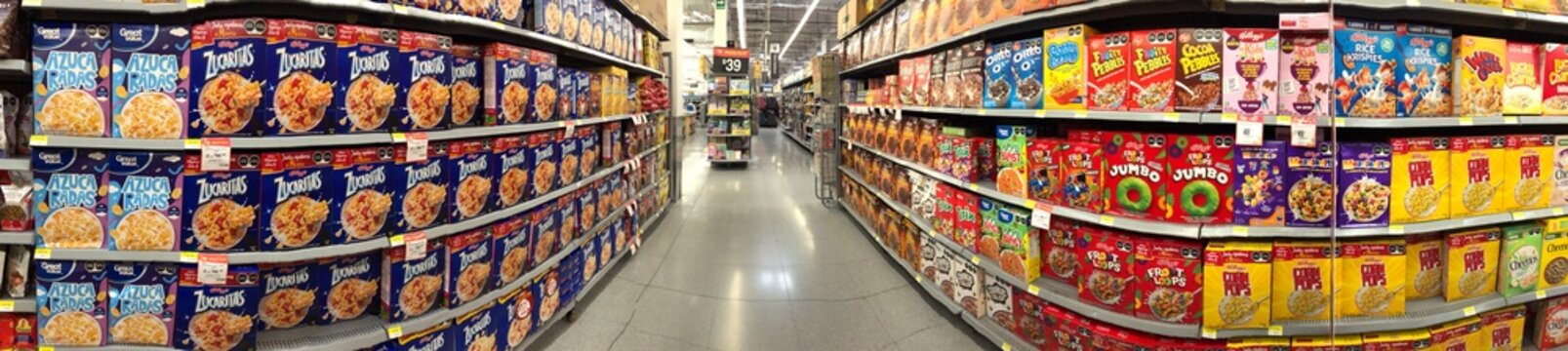 Colorful Cereal Aisle with no mascots in Walmart Lomas Toreo, Mexico