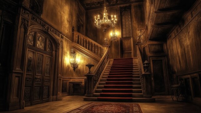 Grand, dark, opulent mansion staircase with red carpet.