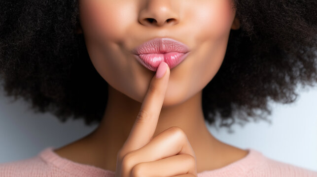 black woman putting finger on her lips making thinking gesture with mischievous smirk
