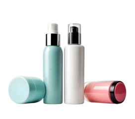Cosmetic bottles sitting alone on a white background.  