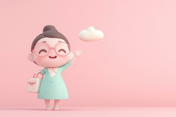 Obraz premium A cheerful cartoon girl with glasses waves, holding a bag against a pink background.