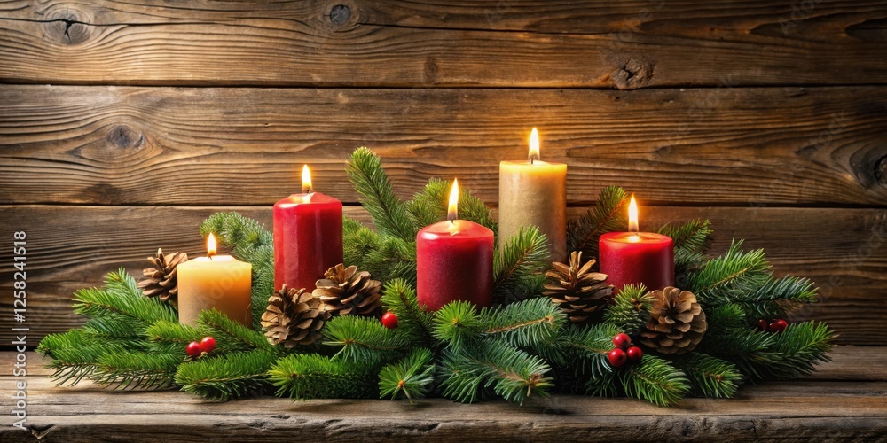 Poster a festive arrangement of burning candles adorned with pine branches and pinecones, illuminating the 