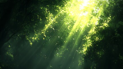 Sunlit Canopy Serenity Forest Scene Illustration Radiant Beams of Light Through Green Leafy Trees