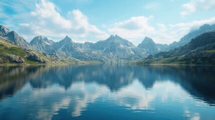 Serene mountain lake reflecting sky, idyllic landscape