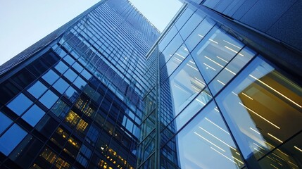 Obraz premium Cityscape, glass skyscrapers, low angle, twilight, urban development, corporate