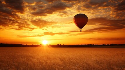 Sunset Over Wheat Field with Hot Air Balloon Ascending at Dusk Golden Hour Radiant Sky View