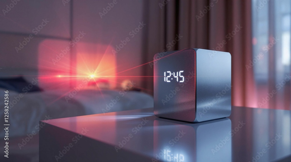 Poster a digital clock sitting atop a glass table, with a blurred background suggesting a domestic setting.