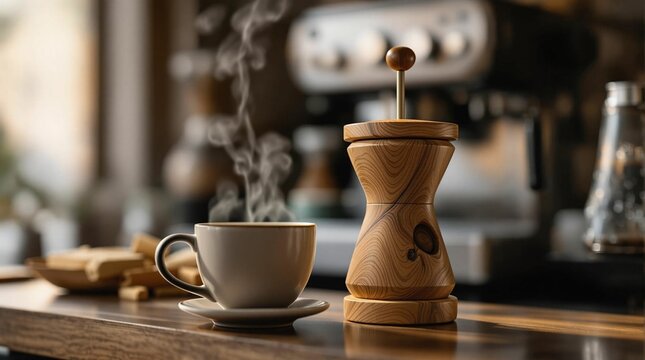 A wooden coffee grinder sitting atop a wooden table, with a steaming cup of coffee beside it. The background is slightly blurred, revealing a coffee machine and other objects, suggesting a cozy, homel