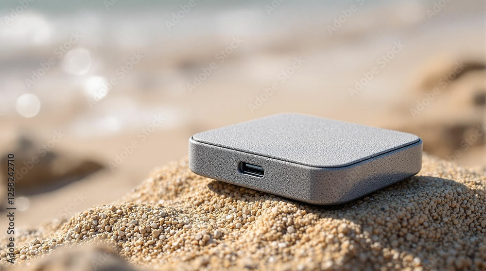 Poster a small, white, portable external hard drive placed on a sandy beach, with a blurred background sugg