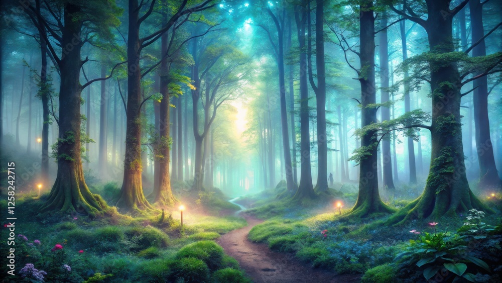 Poster A winding path through a misty forest, illuminated by soft light filtering through the canopy, creating an ethereal and magical ambiance.